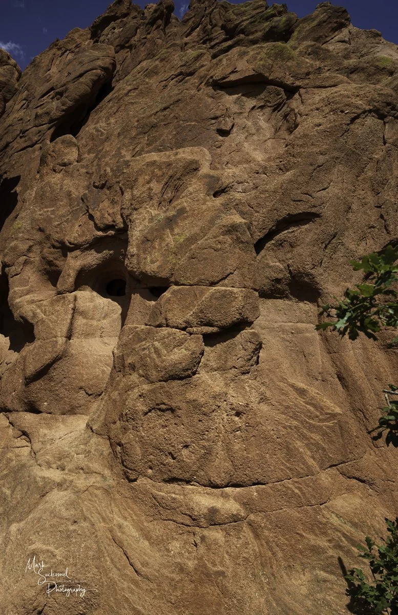 Sandstone rock wall at Garden of the Gods, bearing a natural facial image that looks like the face of a Gorilla or Chimpanzee.