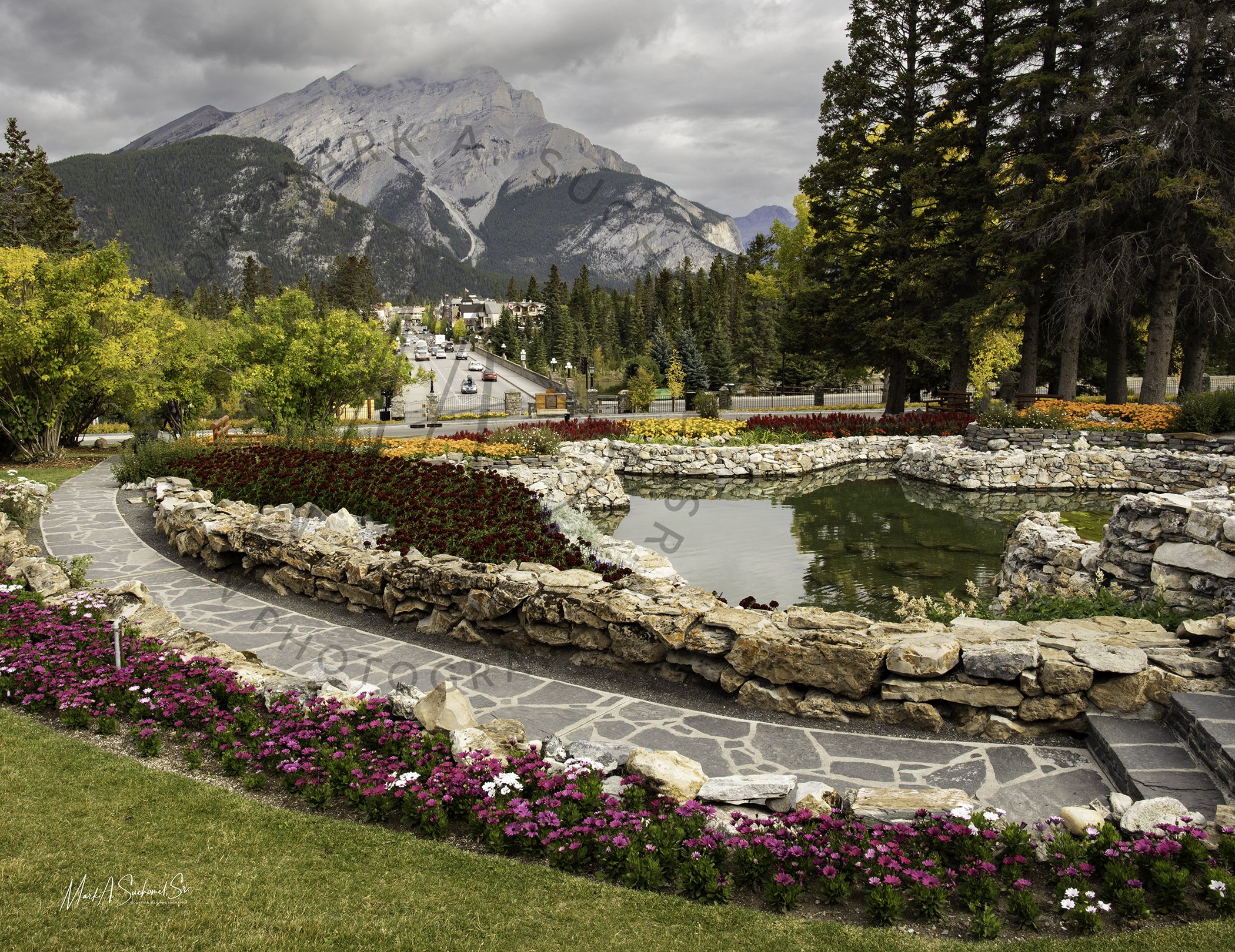 A colorful garden with a pond and stone pathway, surrounded by trees and vibrant flowers, with a mountain and cloudy sky in the background.