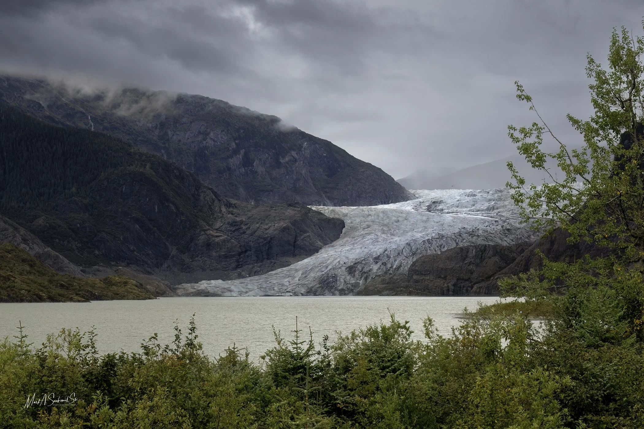 A glacier flowing down a mountain into a body of water, surrounded by green trees and overcast skies.