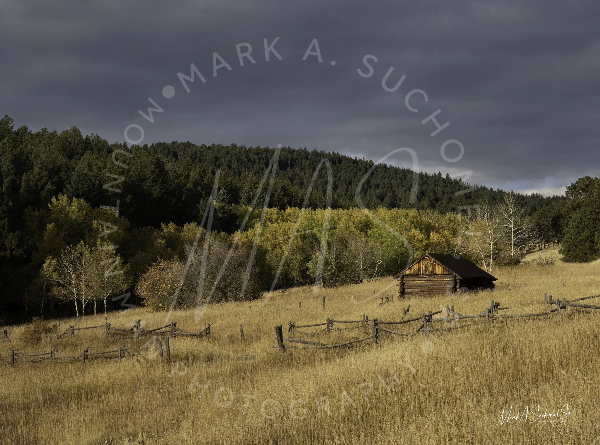 A rural landscape with a wooden cabin and a fence in a golden grassy field, surrounded by trees with autumn colors, and dark cloudy skies overhead.