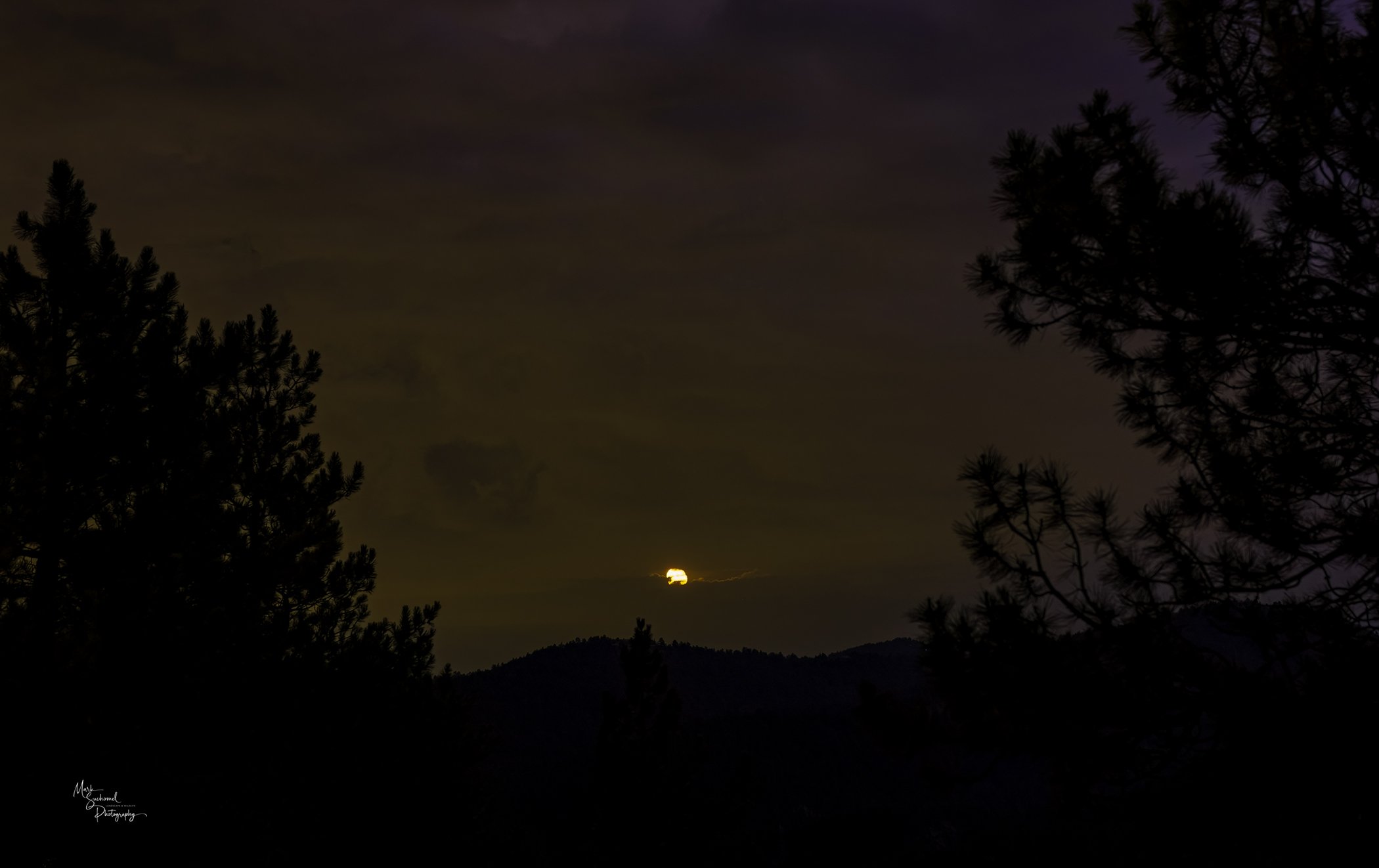 Sunset over mountain range with trees silhouetted in the foreground and the sun partially obscured behind clouds.