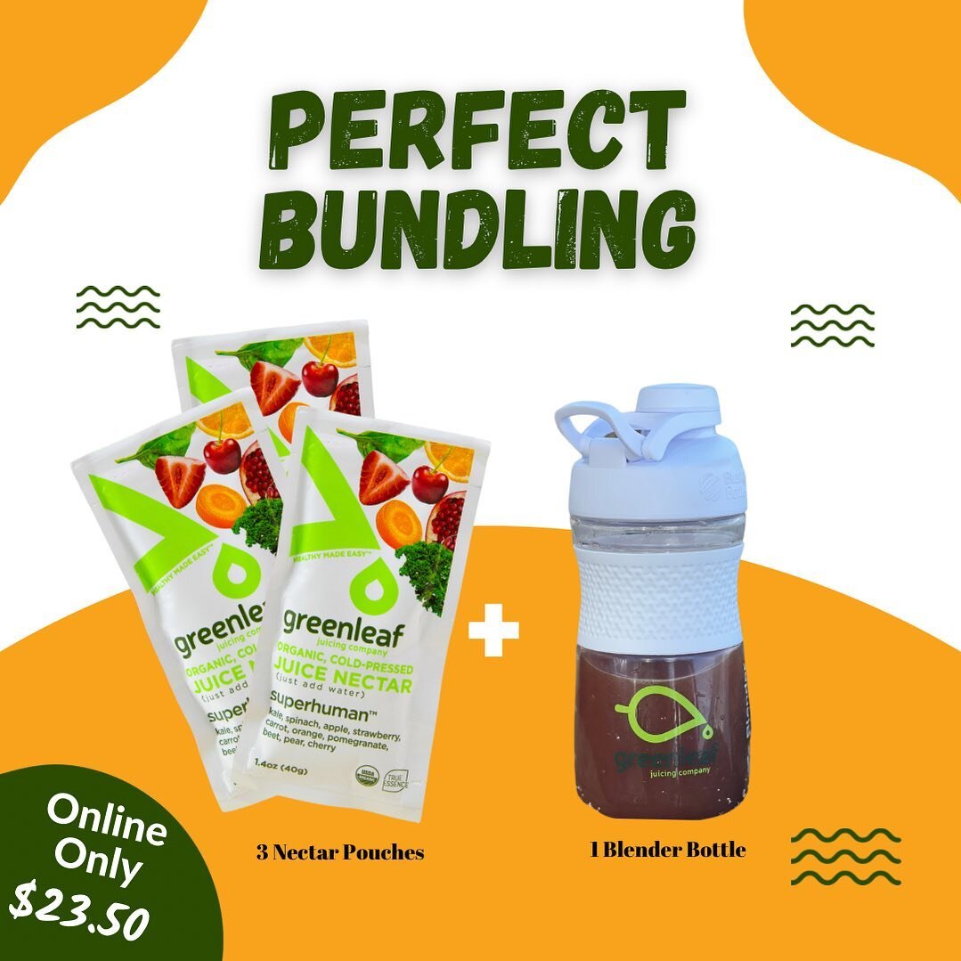 The Perfect Bundle Does Exist!!! At GreenleafJuice.Com 💚
3 Nectar Pouches + 1 Greenleaf Blender Bottle for only $23.50 🤯👀 
Offer Valid Online Only #perfectbundle #greenleafjuice #coldpressedjuice #healthymadeeasy #eatmoreplants #sustainability #sh