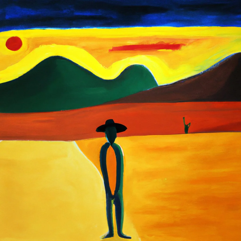 oil painting of person in a desert landscape