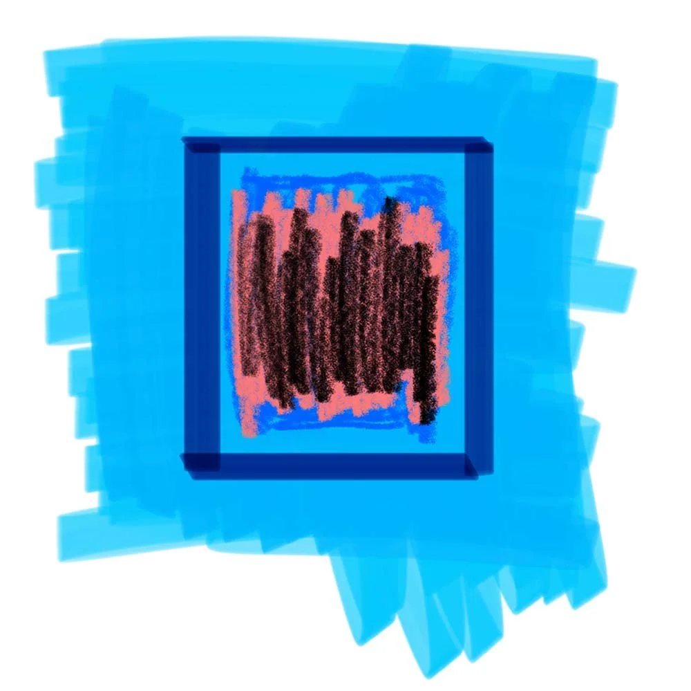 Abstract digital art with a blue background, featuring a central framed area with red and black vertical lines.