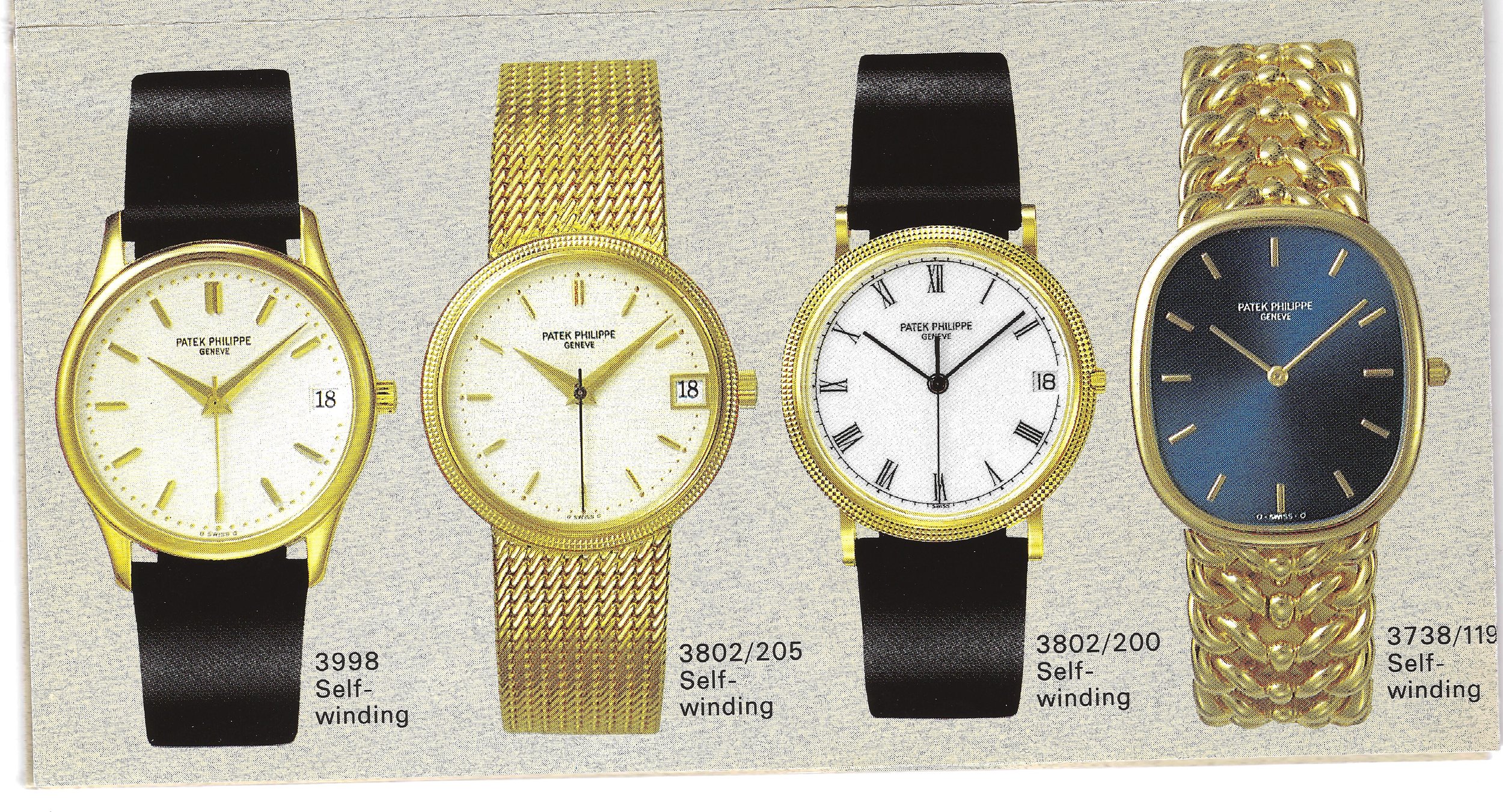Patek Philippe Calatrava reference 3998, reference 3802/205, and reference 3802/200, in addition to the automatic Ellipse reference 3738/119.
