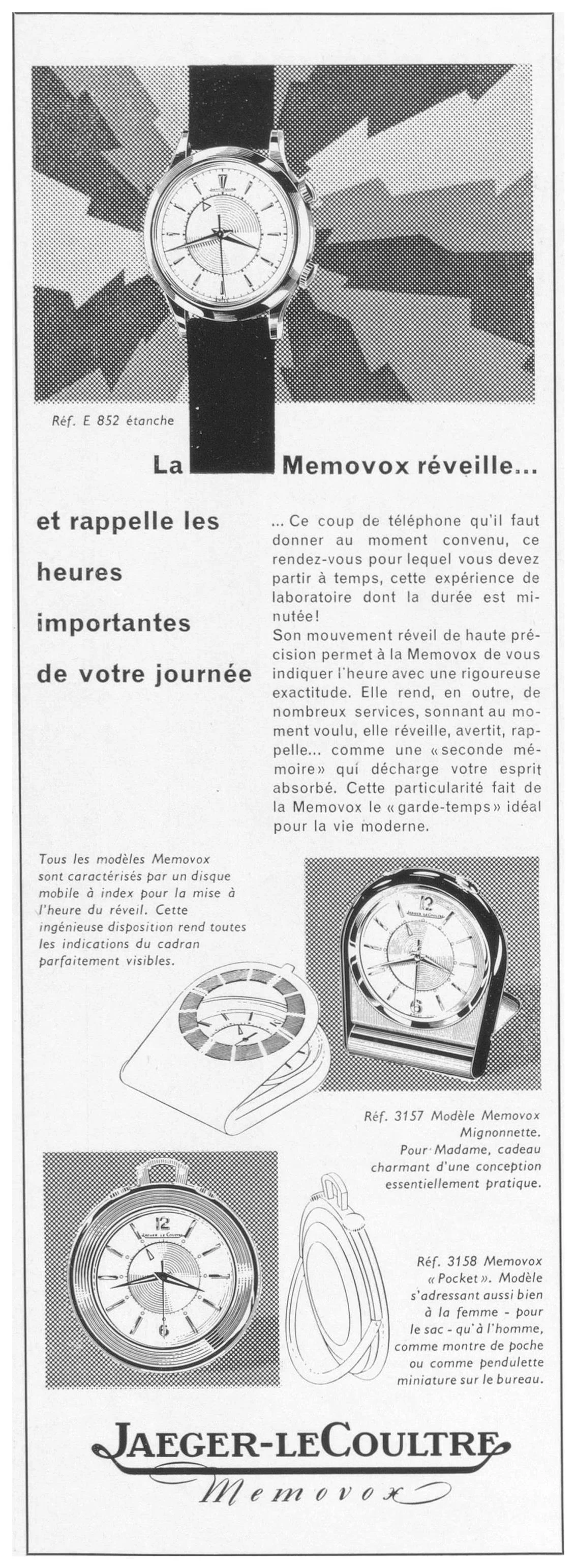 Jaeger-LeCoultre advertisement circa 1957 featuring the reference E 852