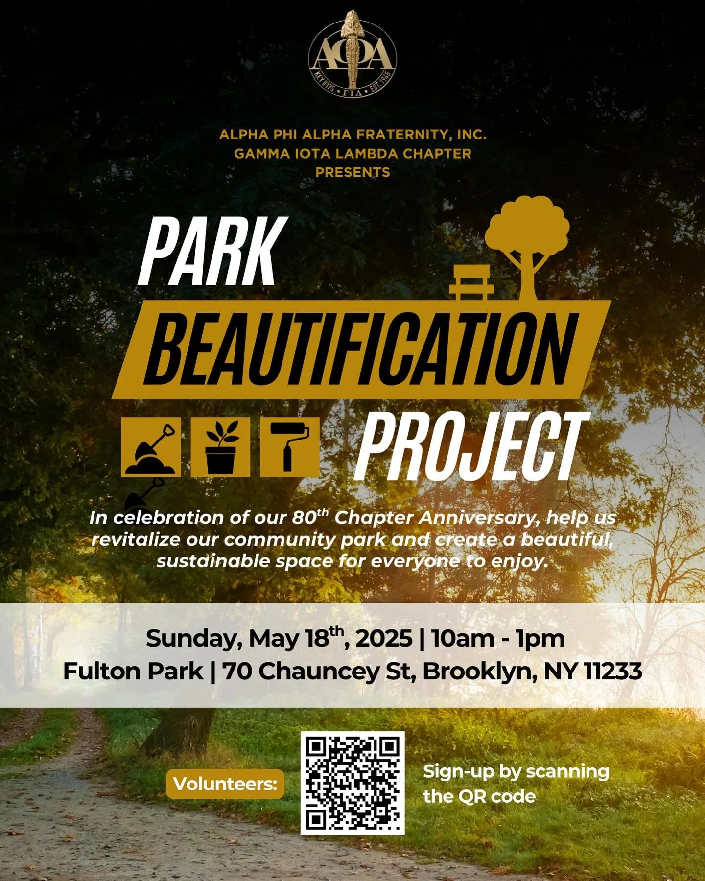 In celebration of our 80th anniversary, the Brothers of Gamma Iota Lambda Chapter will be hosting a Park Beautification Project on Sunday, May 18th, from 10:00 AM to 1:00 PM at Fulton Park.

Join us for a meaningful day of service and community as we
