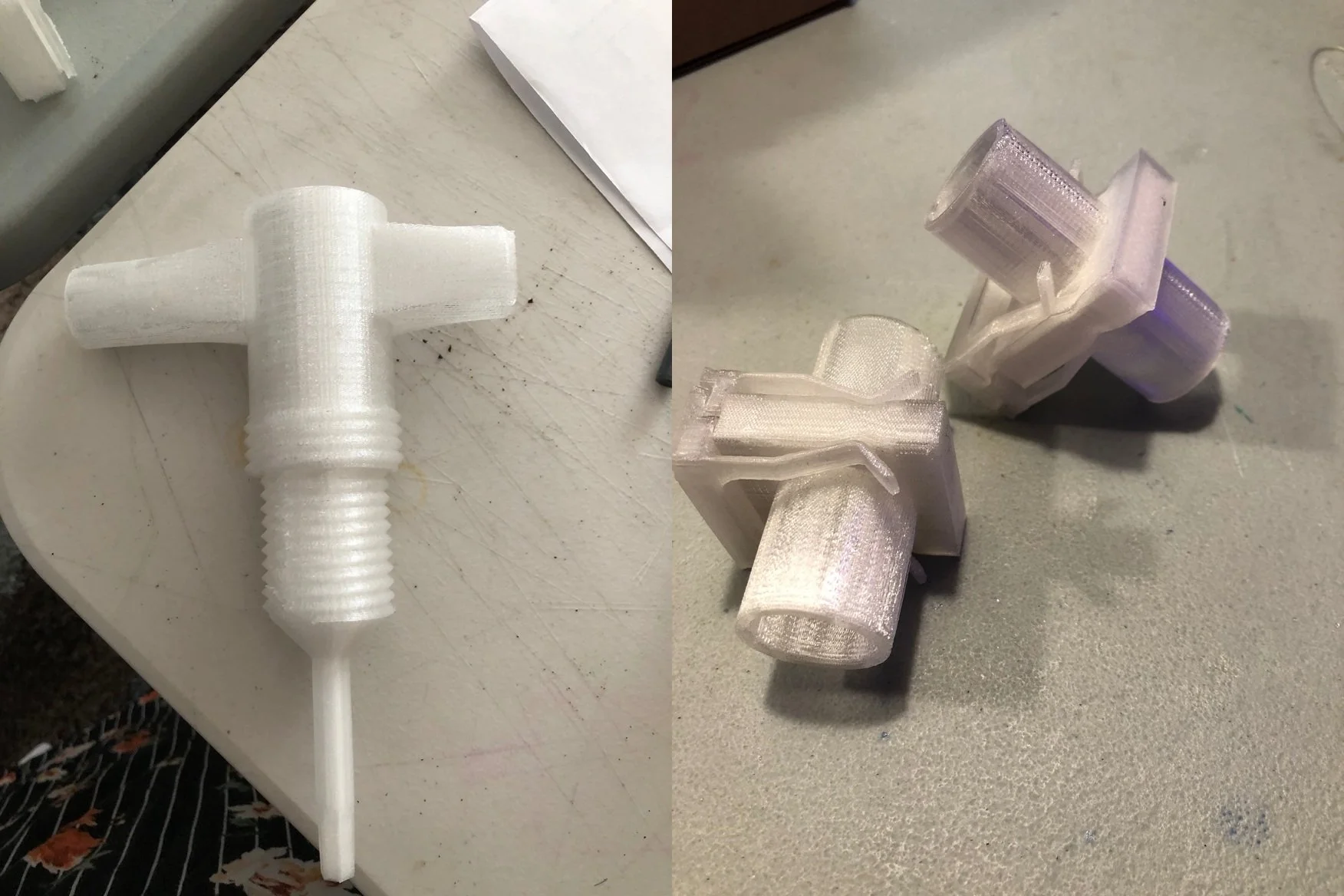3d prints of a ventilator splitter prototype and a hepa filter sleeve