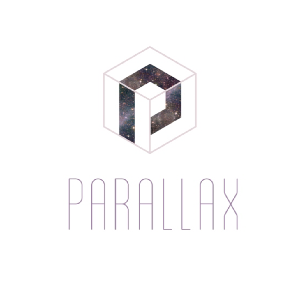 logo design reads parallax and shows angular letter p made from game tiles