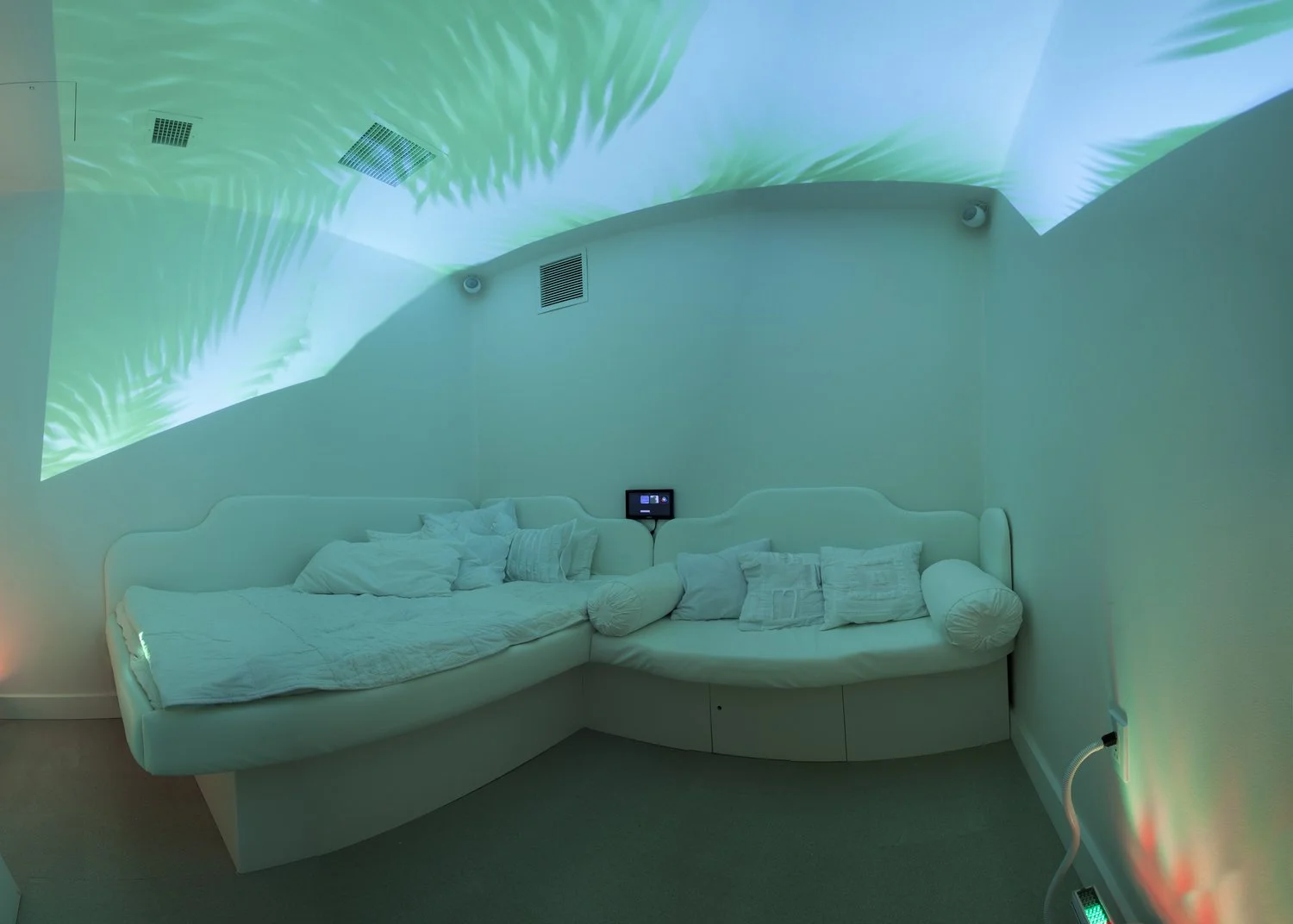 therapeutic water bed and caregiver seating in medical setting under green nature themed animated lights