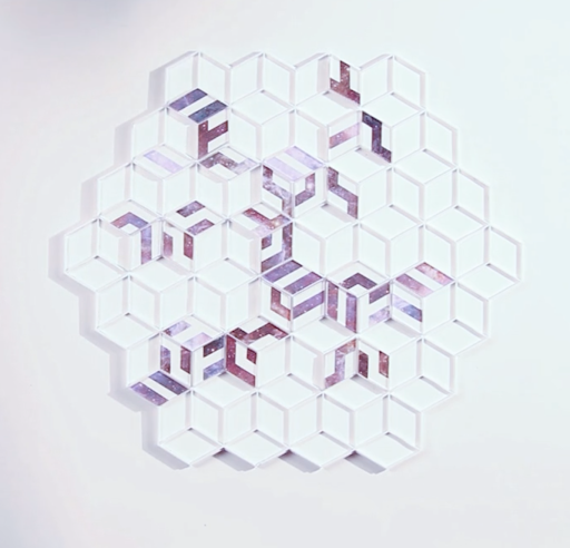 hexagonal shaped white game board with white and purple rhombus tiles in decorative pattern