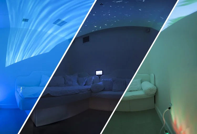 photo diagram showing 3 options of animated lighting settings in a room