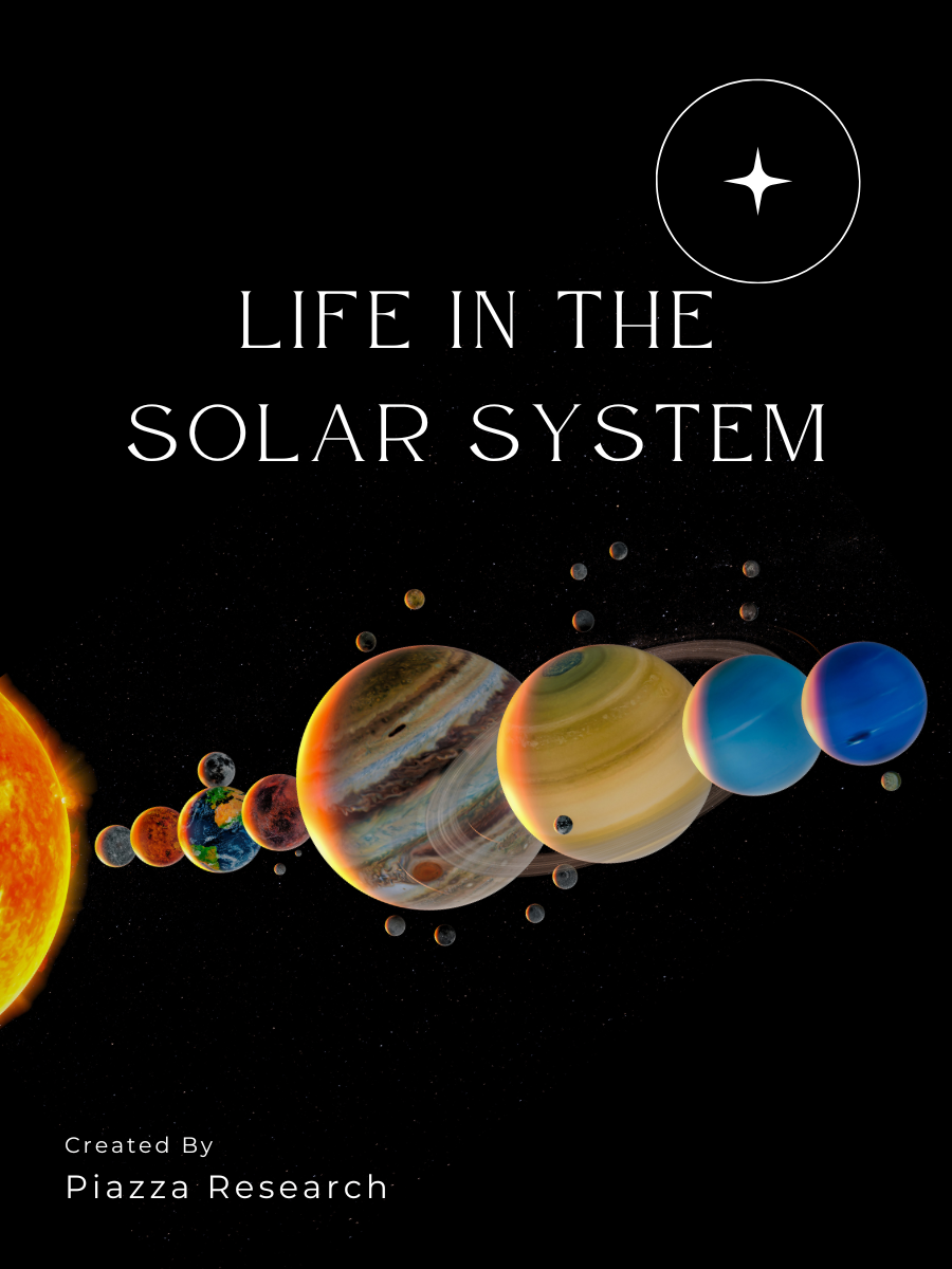 Book cover titled "Life in the Solar System" showing planets of the solar system in a line from the Sun to Neptune against a black space background, created by Piazza Research.