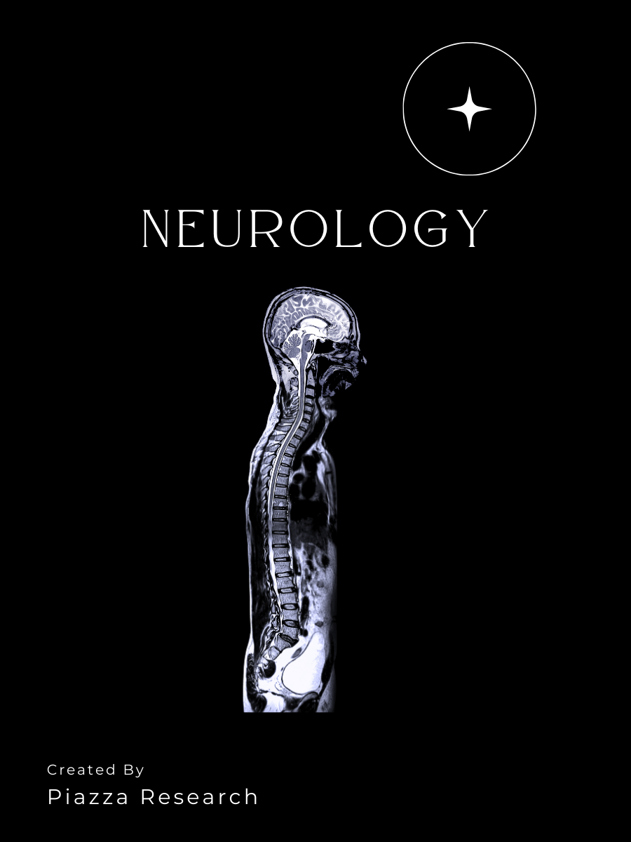 Medical illustration of a human spinal cord and brain, with the words 'Neurology' and 'Created by Piazza Research' on a black background.