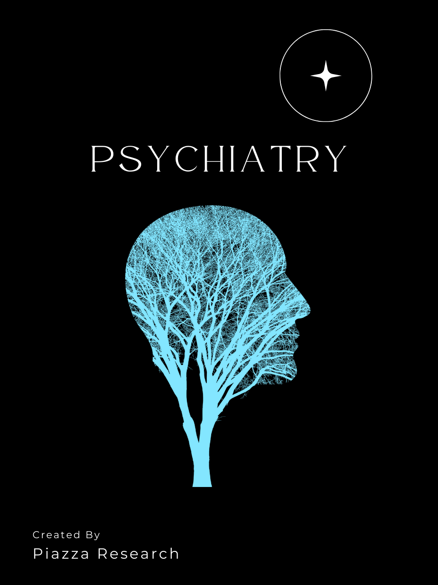 Cover of a psychiatry research report featuring a blue tree with a human profile integrated into the branches, a star symbol, and the words 'Psychiatry' and 'Created by Piazza Research' on a black background.