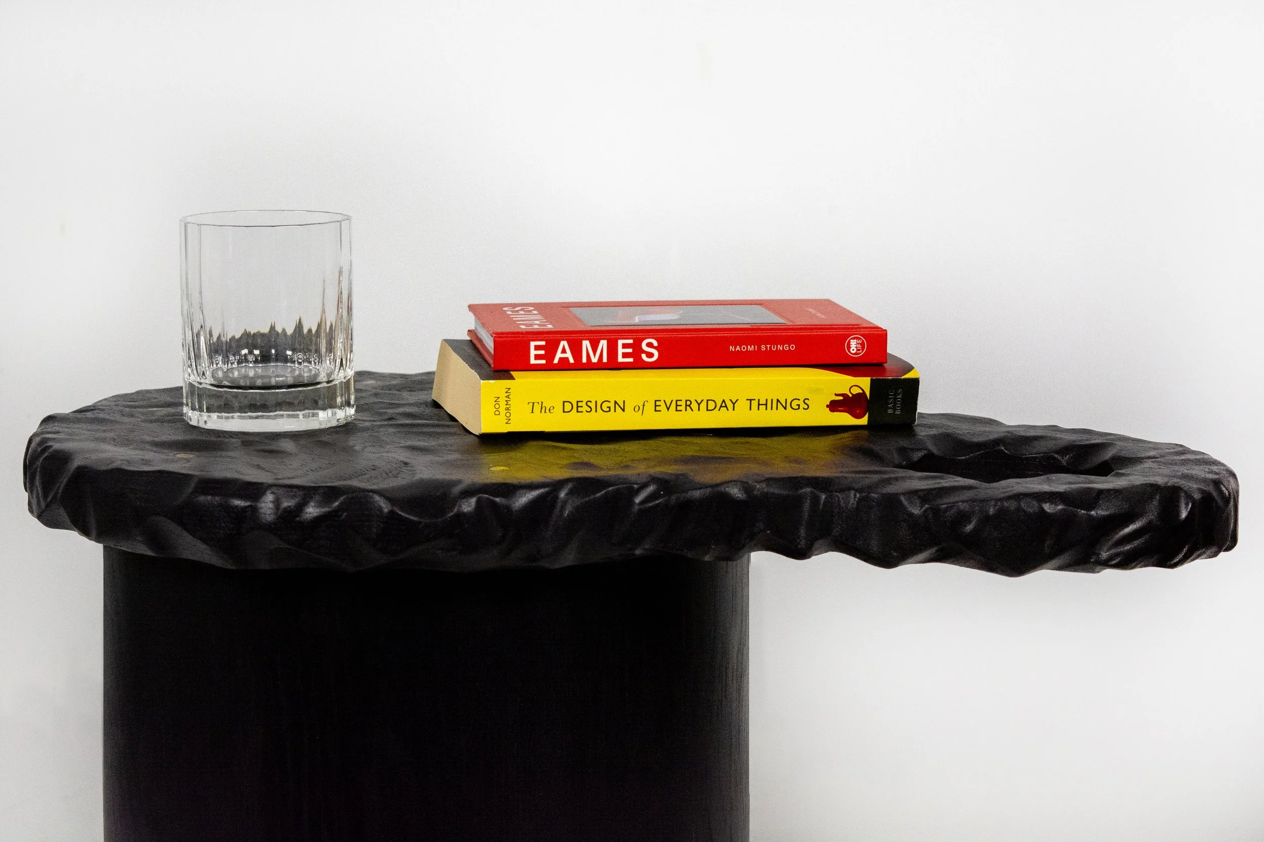 Lumpy table – hand-carved ash side table with lumpy surface and brass pins, Indigenous furniture by Ashley J MacDonald