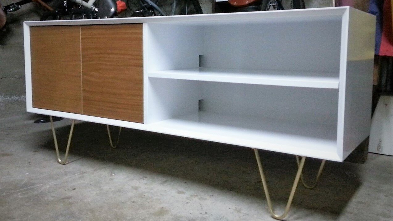 Console table, lacquer paint, afromosia and custom brass legs.