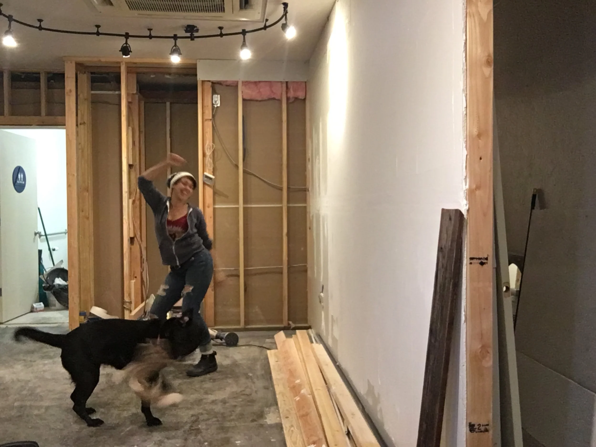 Dance Party during construction. Beedi, shaking her Baby...her token dance move. 