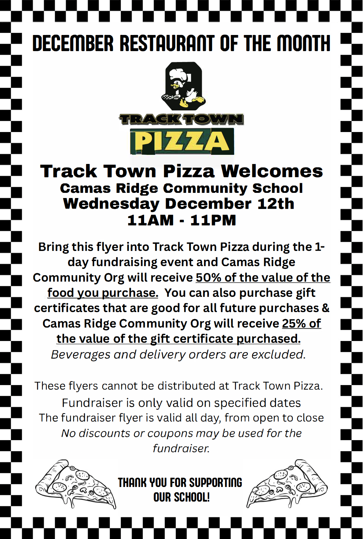 Flyer for Track Town December Restaurant of the Month