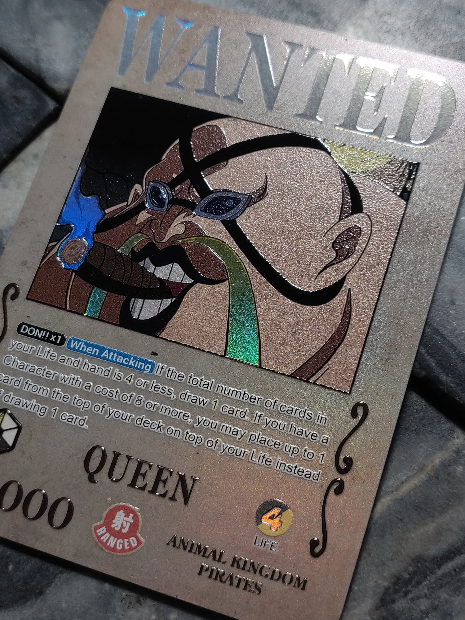 One Piece Queen OP04 WANTED Leader Card Full art Borderless Holographic   DavidsonTCG