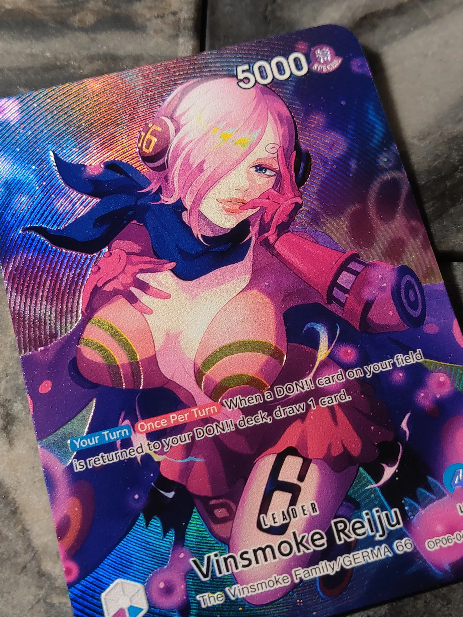 One Piece Blue Purple Vinsmoke Reiju Leader Card Full art Borderless Holographic Manga Edition DavidsonTCG One Piece Blue Purple Vinsmoke Reiju Leader Card Full art Borderless Holographic Manga Edition DavidsonTCG