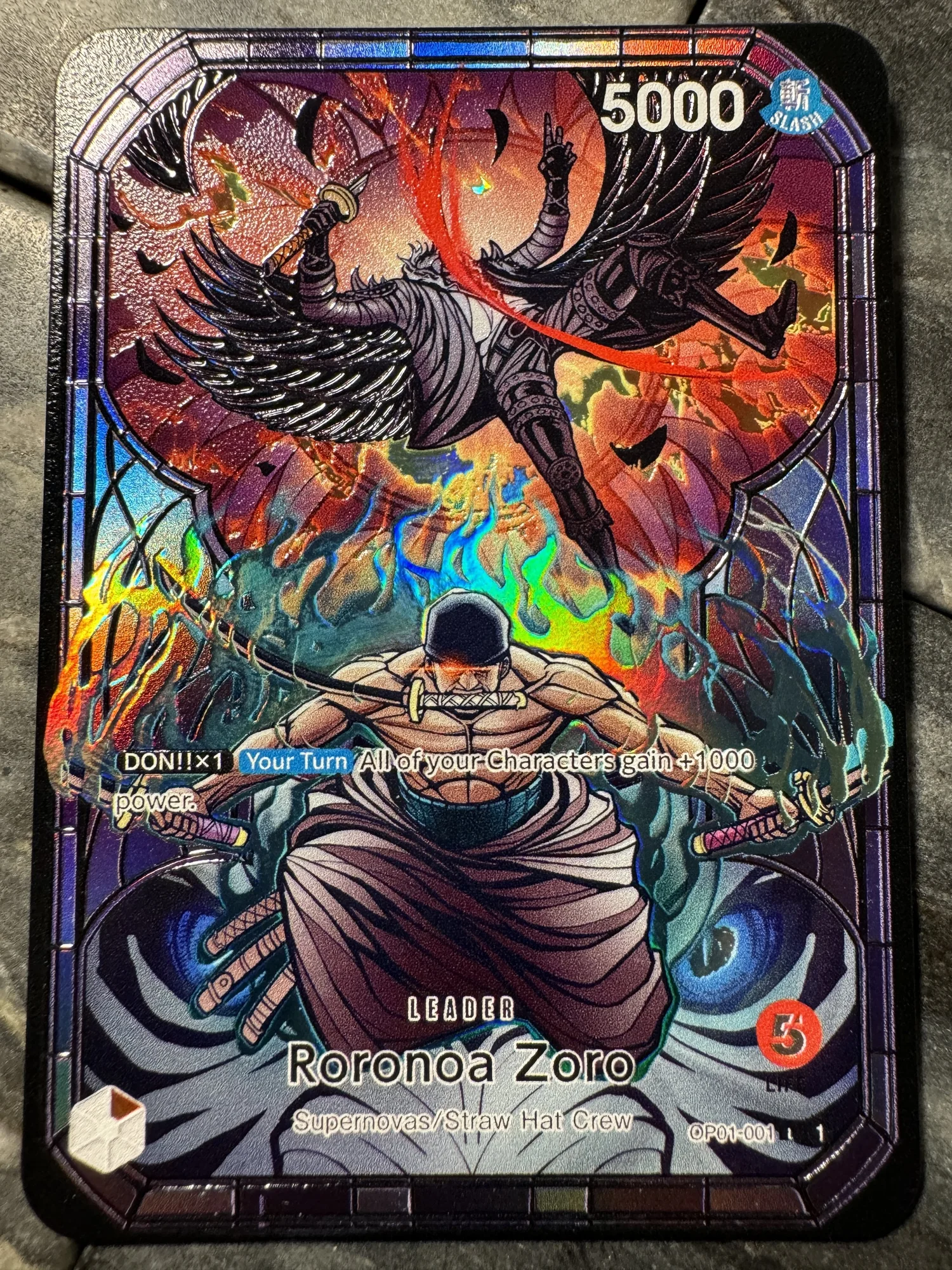 One Piece Stained Glass Zoro OP01 Leader Card Full art Borderless