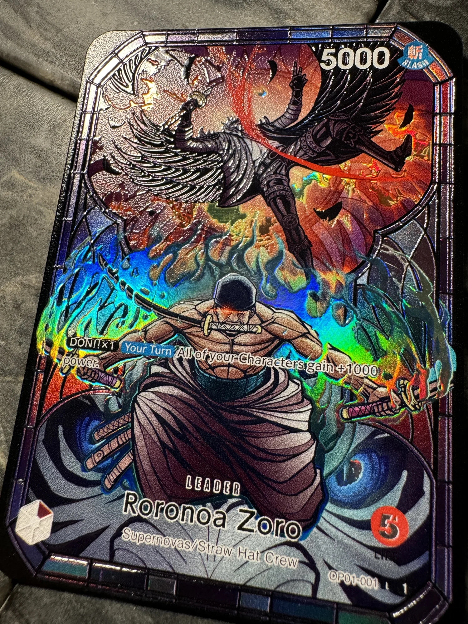One Piece Stained Glass Zoro OP01 Leader Card Full art Borderless
