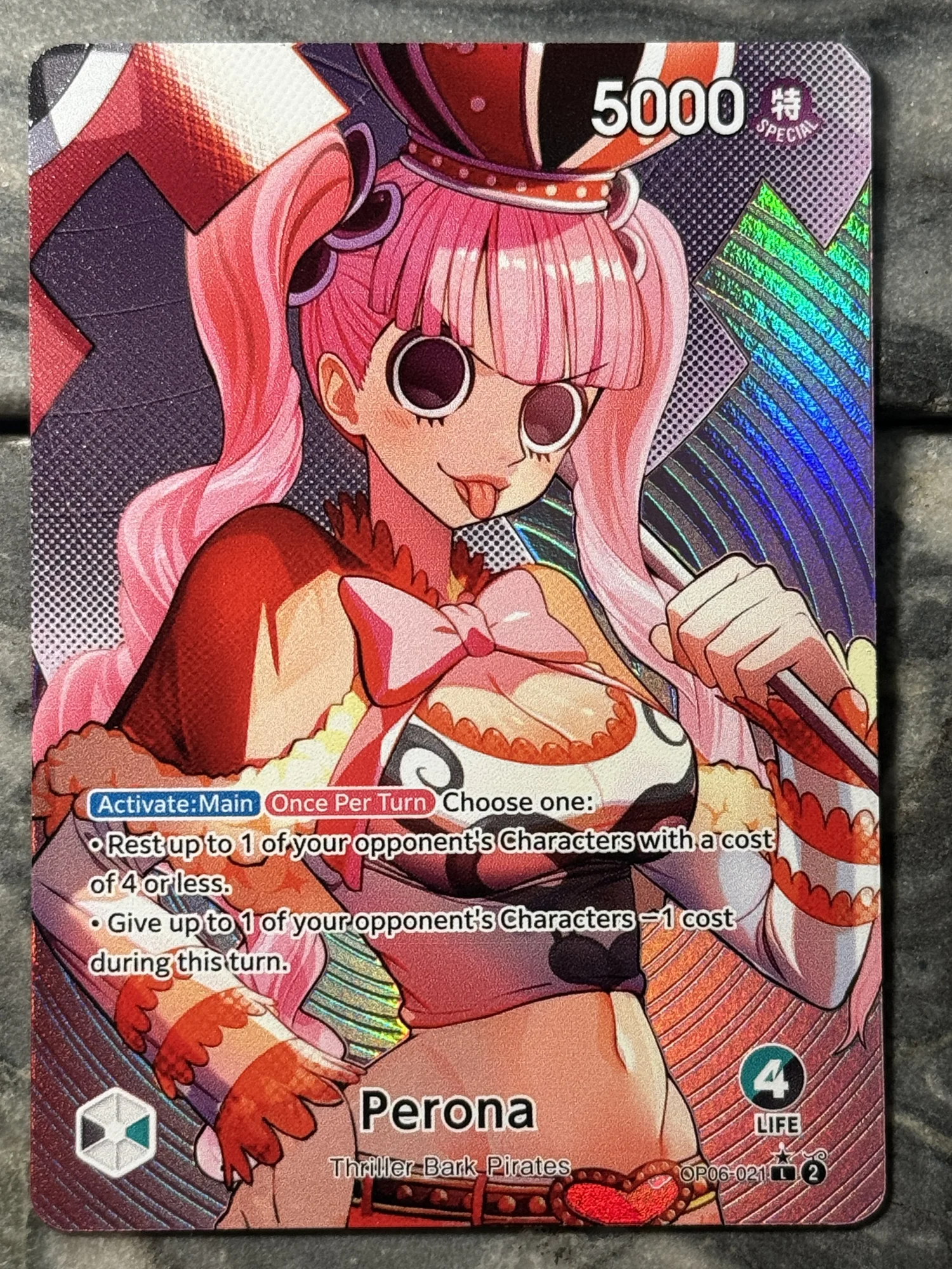 one piece card game perona OP06-093 : Super Rare English TCG : OP06: Wings Of The Captain Your opponent trashes 1 card from their hand One Piece Green Black Perona
