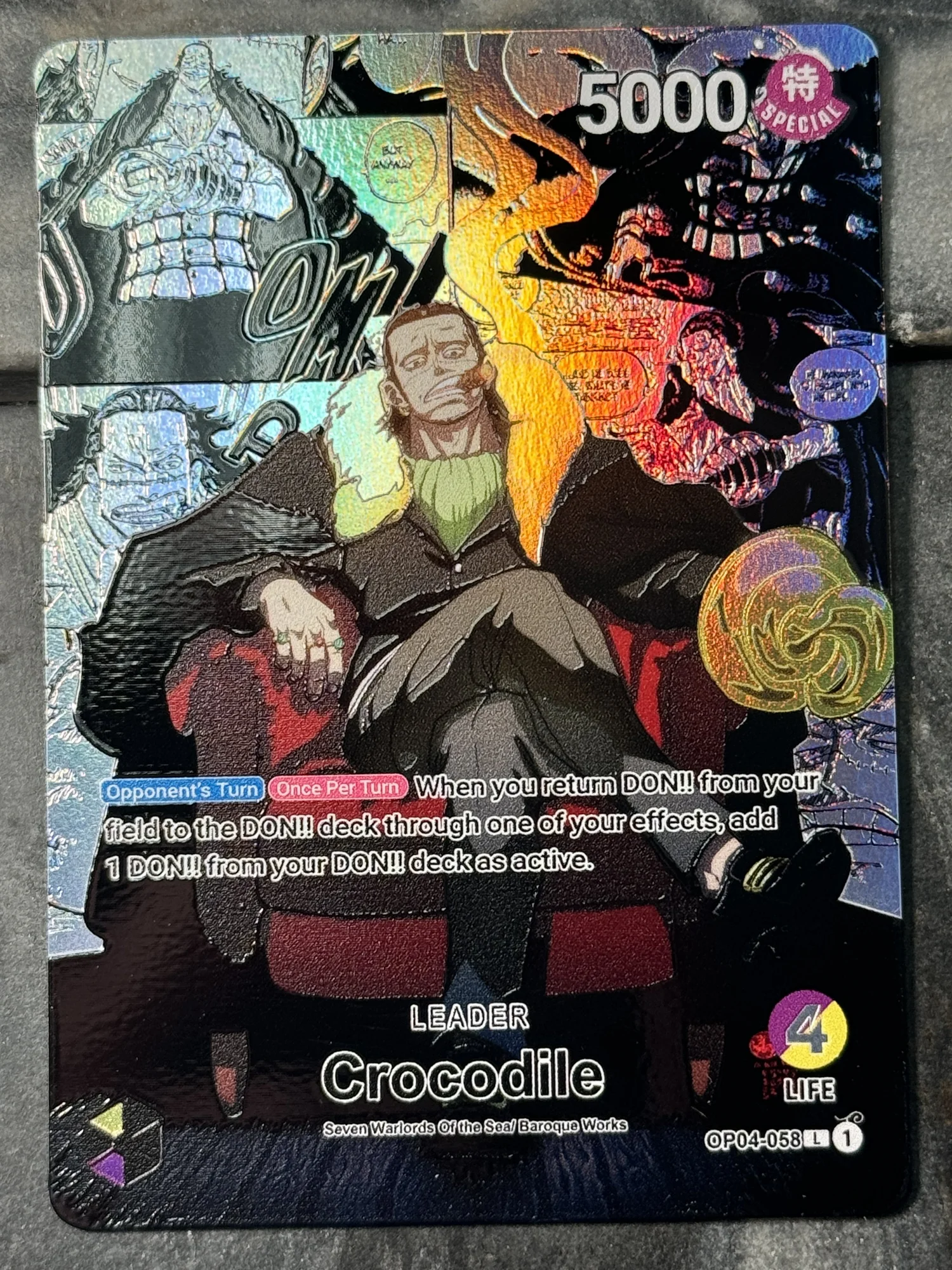 One Piece Purple/Yellow Croc OP04-058 Leader Card Full art