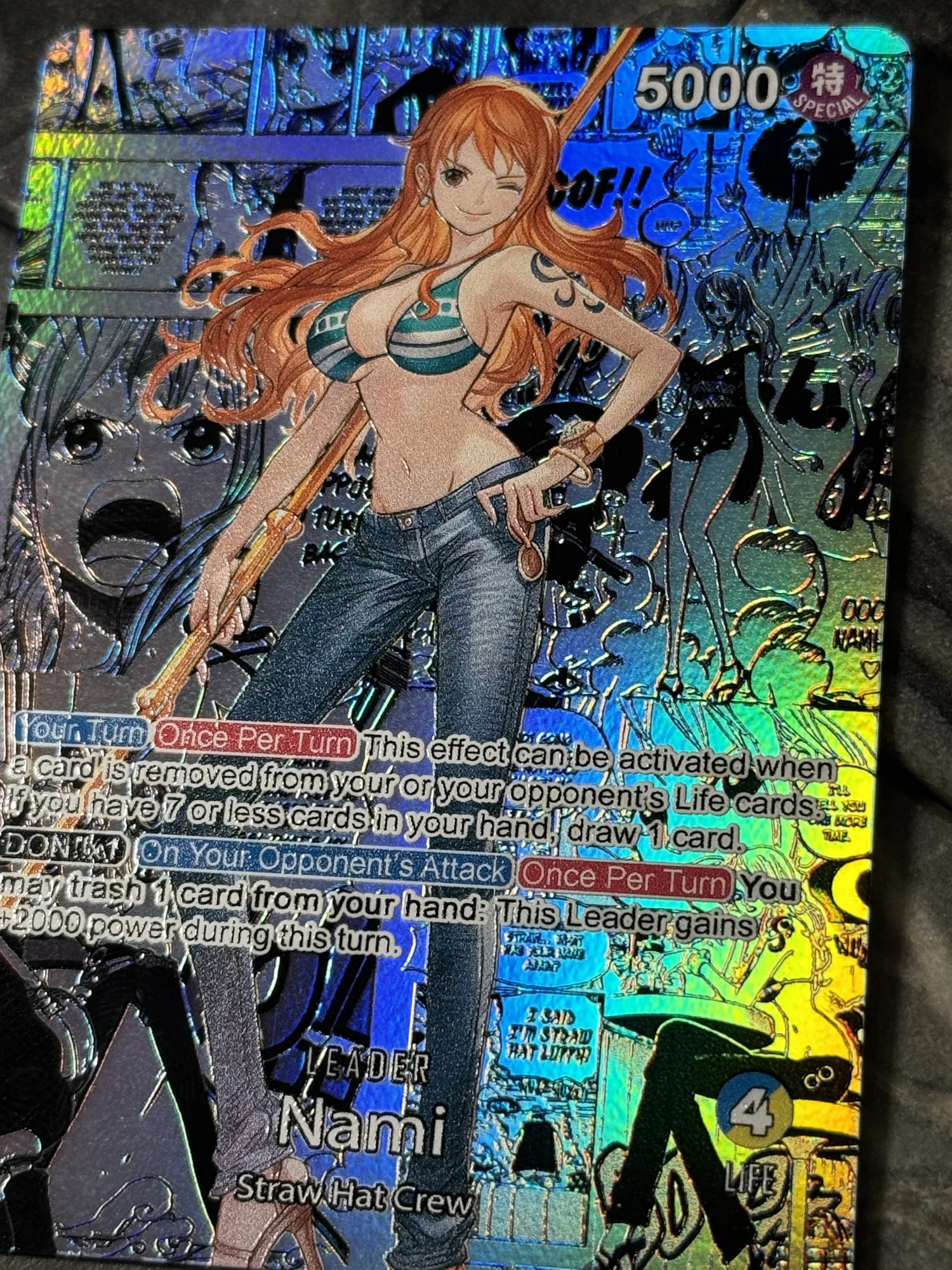 One Piece Blue/Yellow Nami OP11 Leader Card Holographic Manga