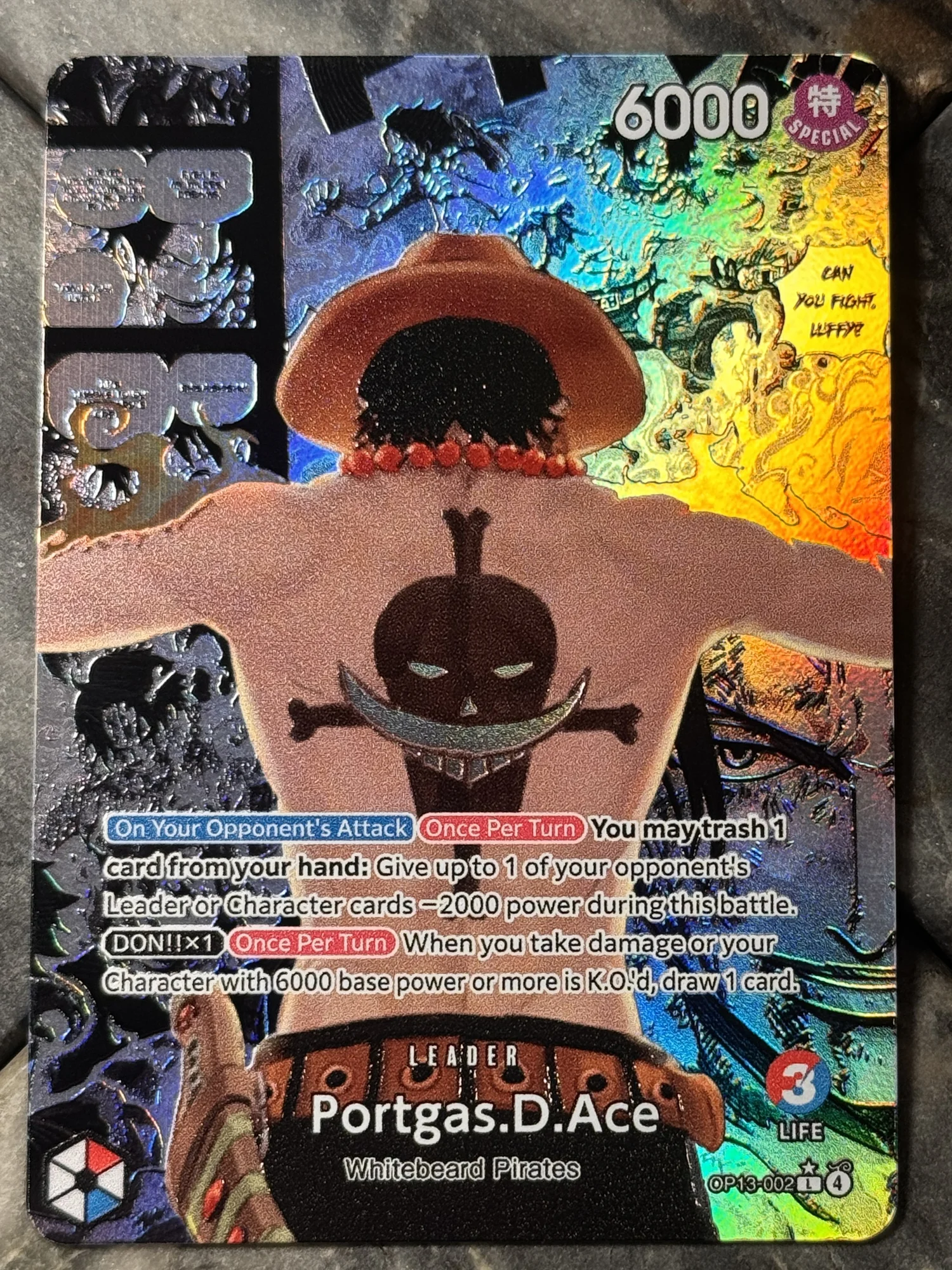 One Piece Blue/Red OP13 Portgas.D.Ace Manga Leader Card Full art