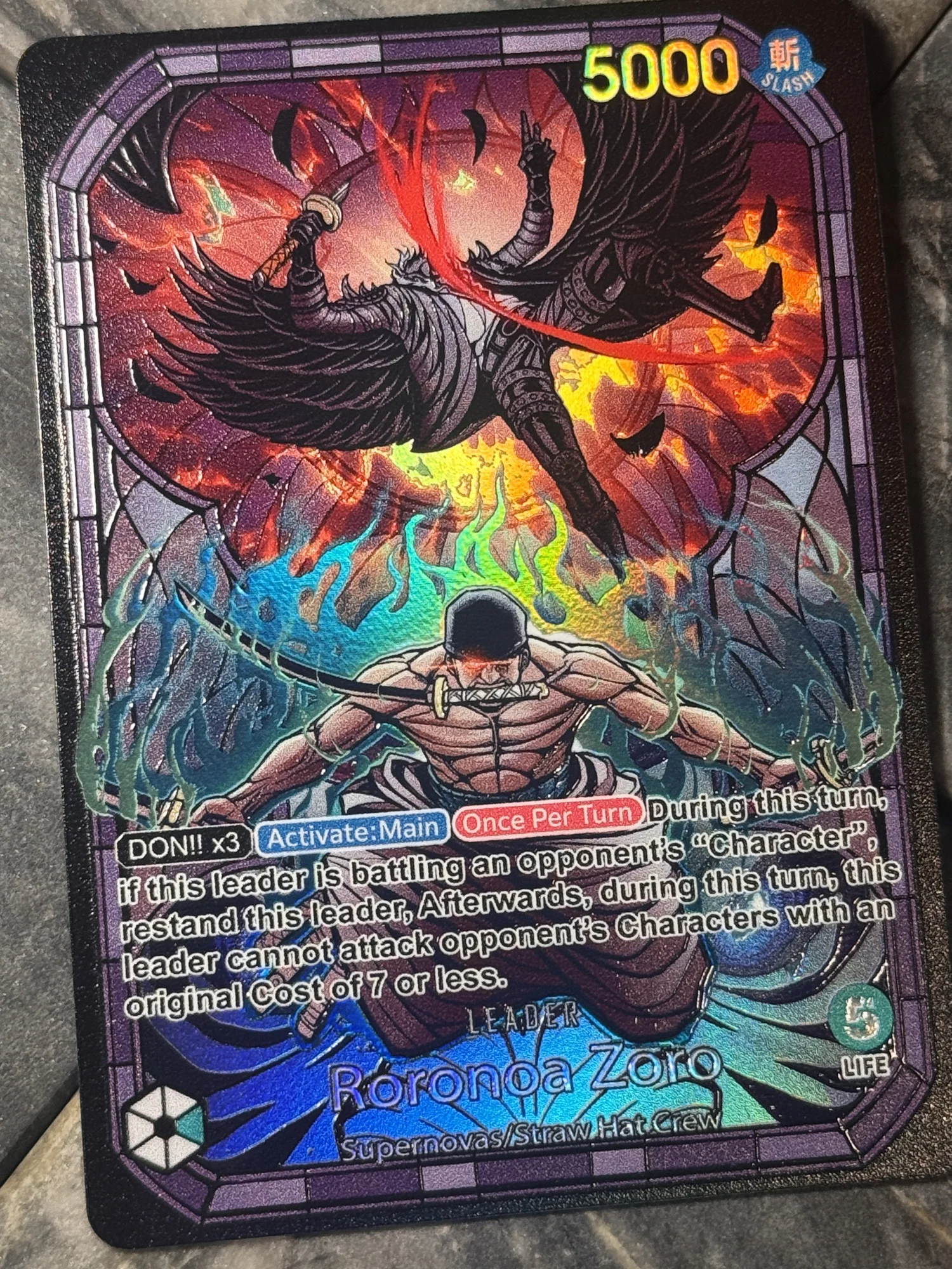 One Piece Green Stained Glass OP12 Zoro Leader Card Full art