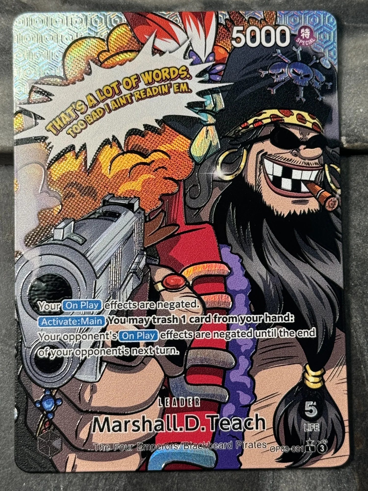 One Piece Black Beard OP09-081 Leader Card Full art Borderless Holographic!   DavidsonTCG
