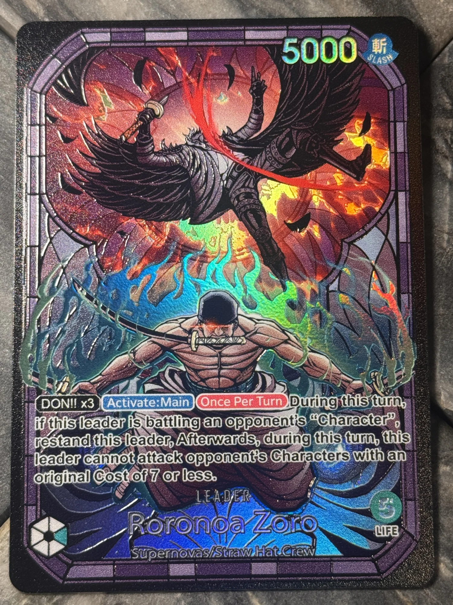 One Piece Green Stained Glass OP12 Zoro Leader Card Full art