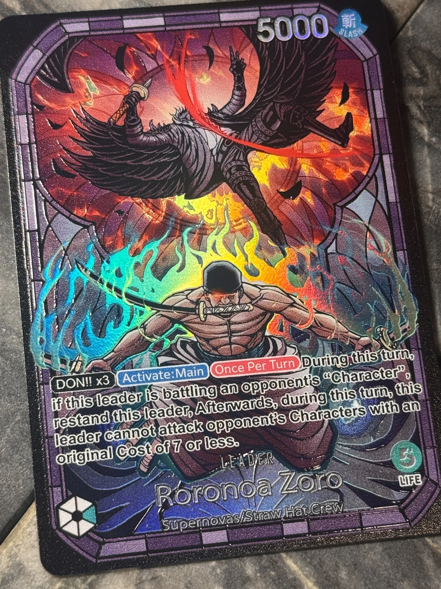 One Piece Green Stained Glass OP12 Zoro Leader Card Full art