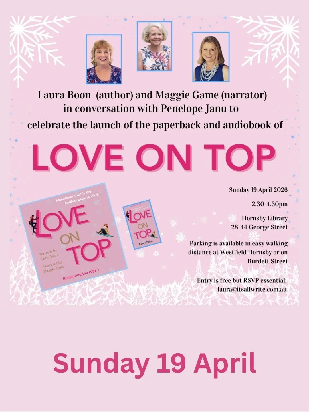 Maggie Game and I are delighted that wonderful Australian author Penelope Janu will interview us at the launch of the audiobook of Love on Top this Sunday at Hornsby library. If you are in the neighbourhood, please join us for coffee and cake. Entry 
