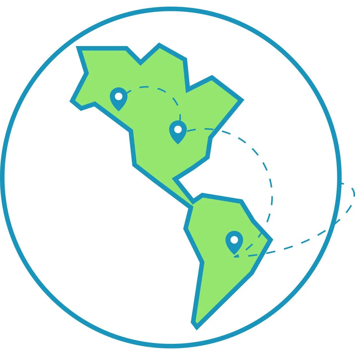 A stylized map of Latin America with three location markers and curved dashed lines indicating flight paths.