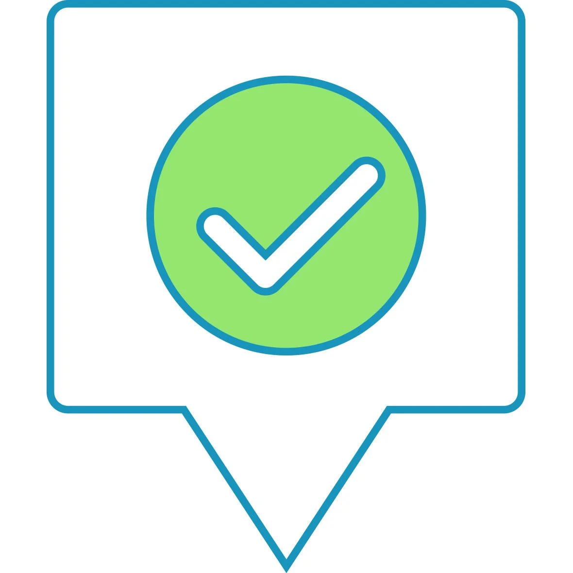 Green checkmark icon inside a speech bubble outline.