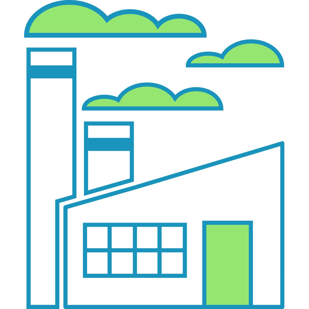 Stylized illustration of a modern building with large windows, a sloped roof, and tall chimney, with green clouds or bushes in the background.