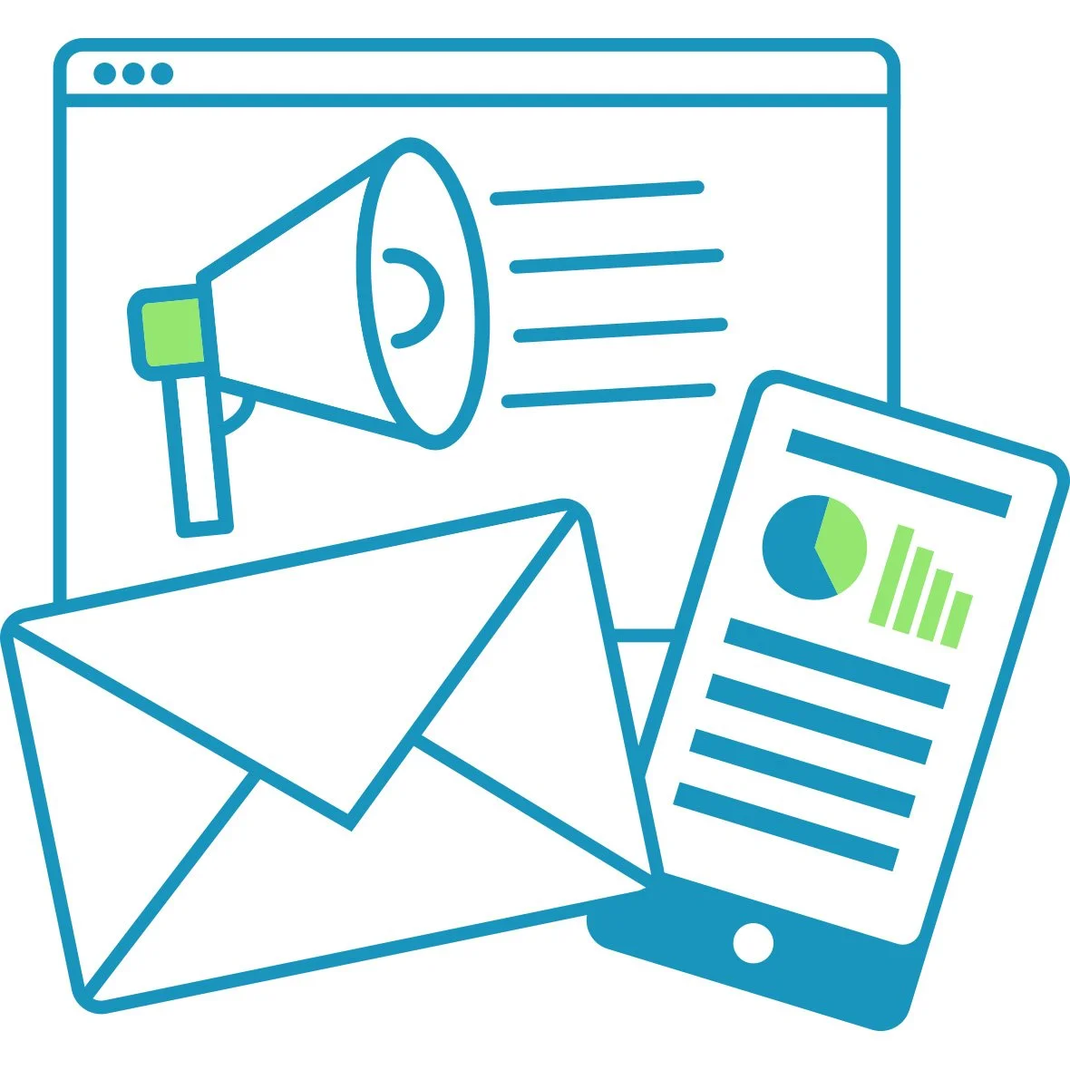 Line drawing of digital marketing tools including a megaphone, email envelope, graph on a paper, and a smartphone with charts.