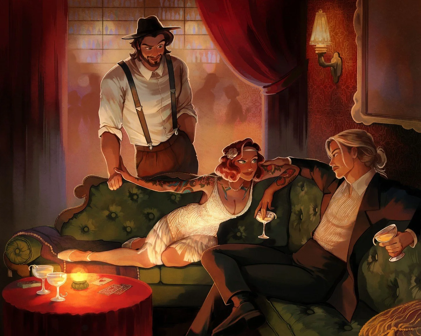 How gorgeous is this character art by the talented @loochleftovers for Devour Me by @emilyrathauthor?

This scene finds Birdie, Jasper, and D&aacute;inn magically transported to a speakeasy by a necromancer...

Remember, the book releases August 4th 