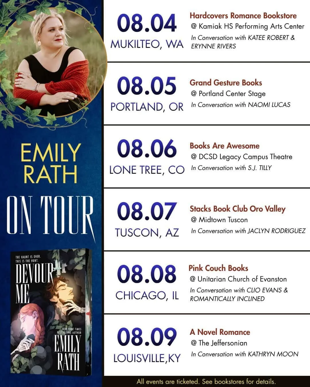 Have you seen the news?! 

DEVOUR ME is going on tour! 

@emilyrathauthor will be stopping by 12 bookstores in 11 states this August. 

#devourme #emilyrath #booktourannouncement #chaosgremlin