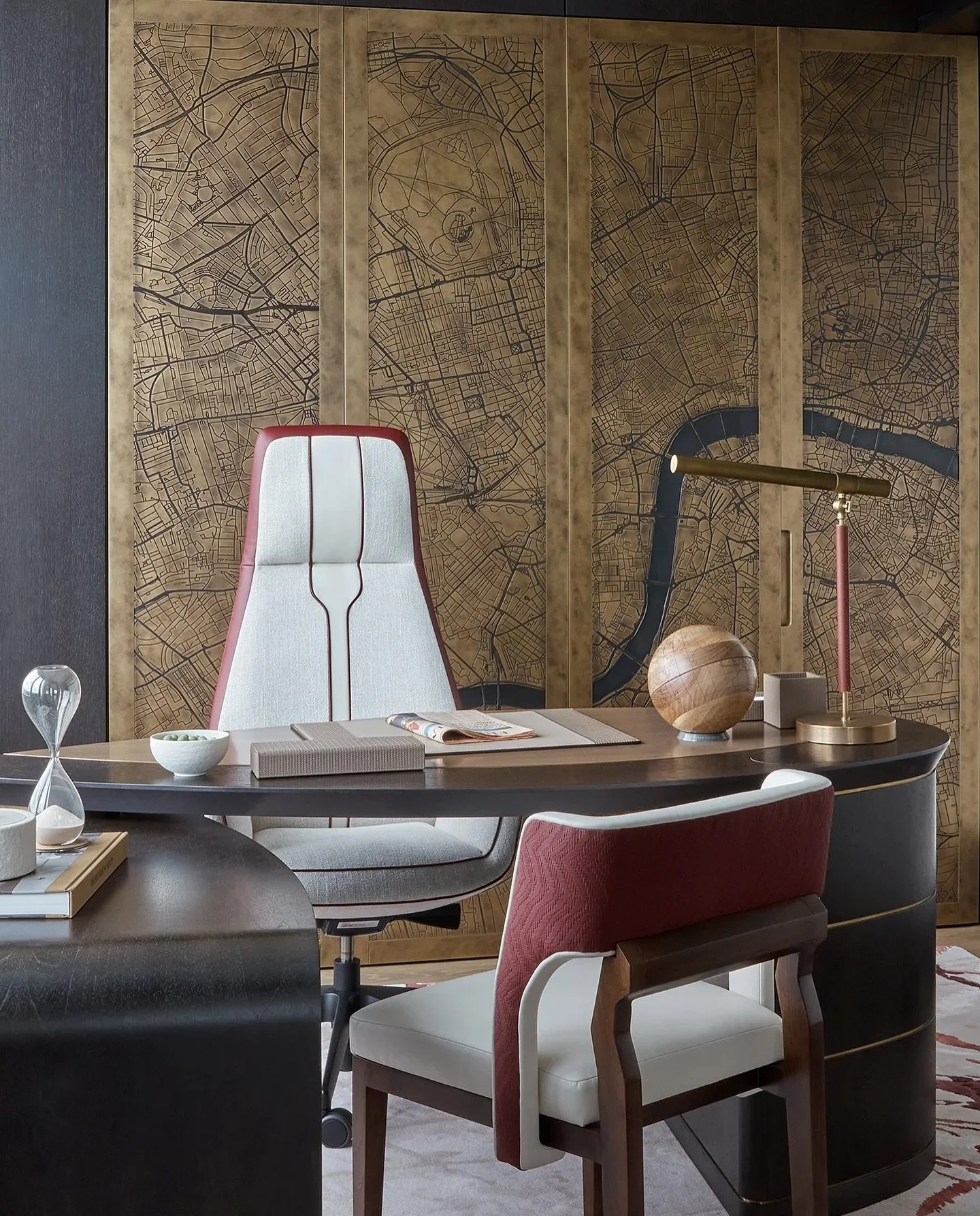 Katharine Pooleys recently completed Marble Arch project offers stunning views across Londons iconic Hyde Park. 

The masculine study features this incredible London Map artwork finished in Antique Brass which we were commissioned to do by the talent