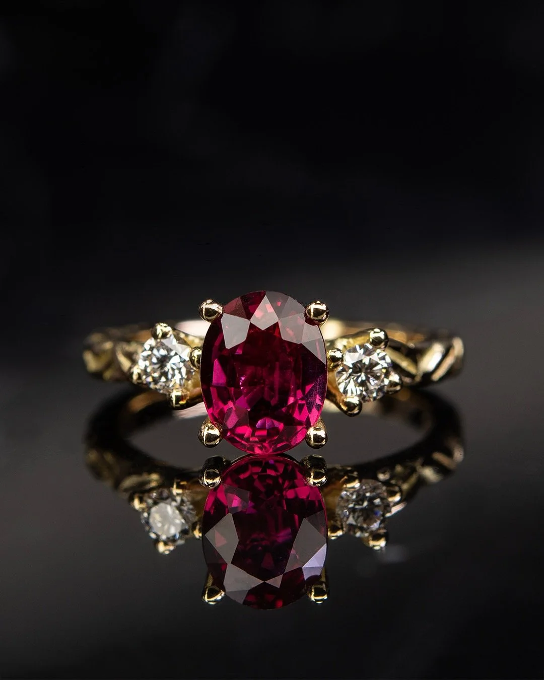 I recently had the opportunity to craft a very special bespoke ring for Ryan and Shahna.

Featuring a beautiful top quality 1.36ct natural Mozambique ruby and crisp white diamonds, brought into alchemical harmony with rose detailing in rich 18kt gold