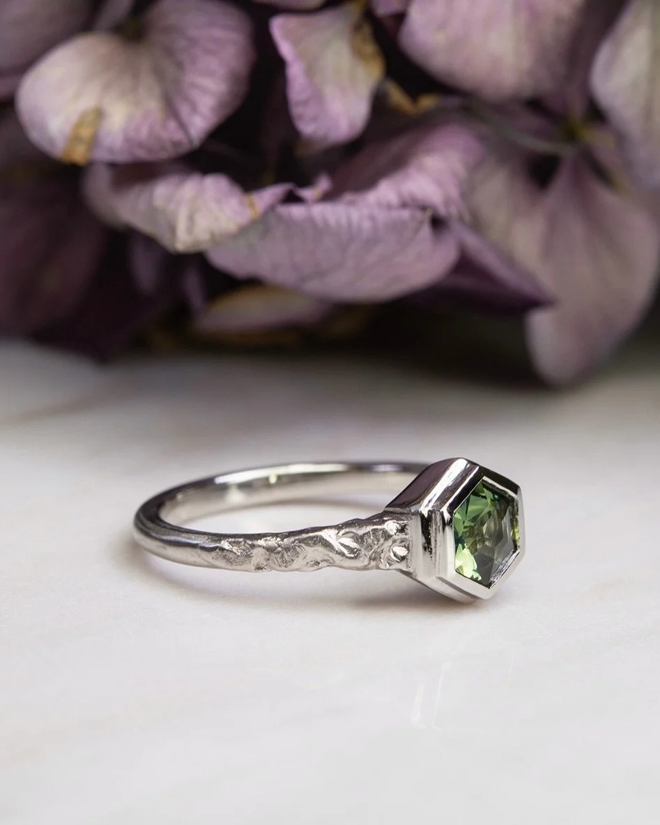 A custom  version of the &lsquo;Earth Geometries&rsquo; ring I finished for a client at the end of last year. 

Handcrafted in the beautiful cool tones of crisp white platinum and set with a stunning teal blue/green Australian hexagonal sapphire, thi