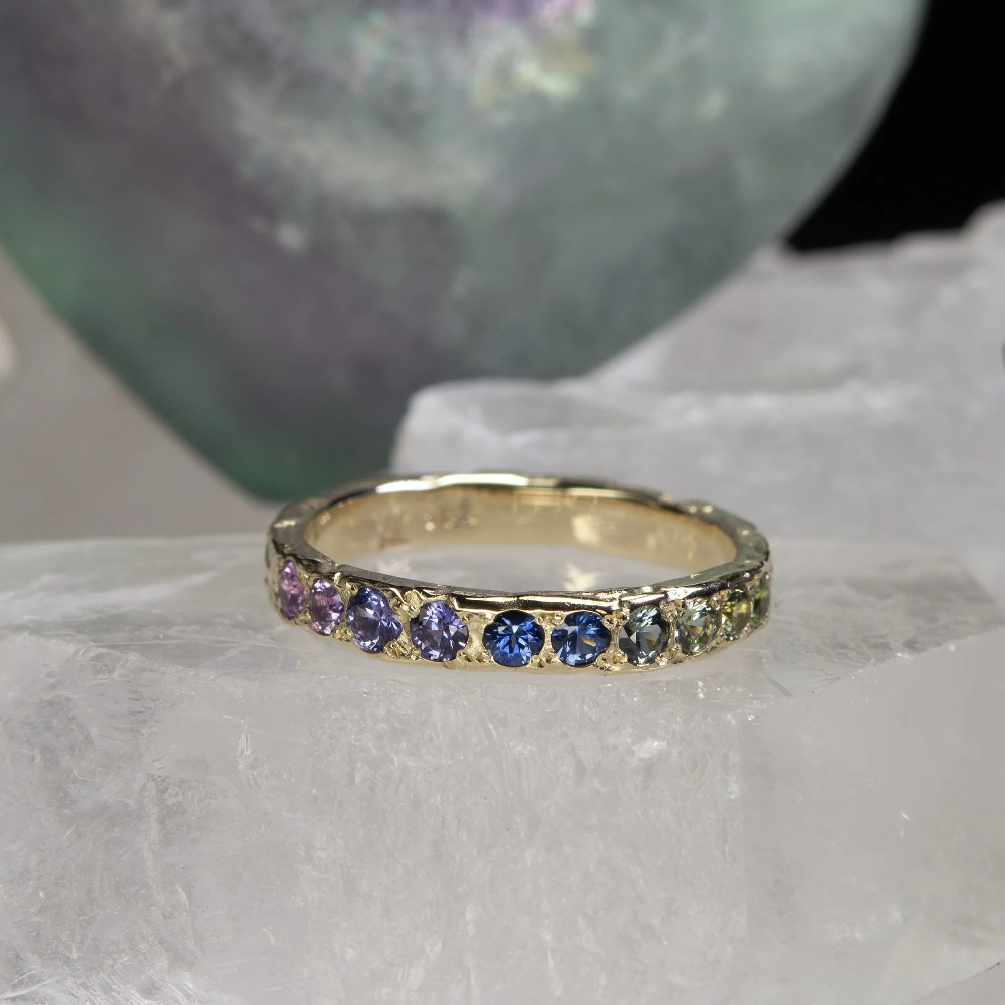 CUSTOM - Earth Frequency Ombre Ring from our collection with client's hand selected rainbow sapphires. 