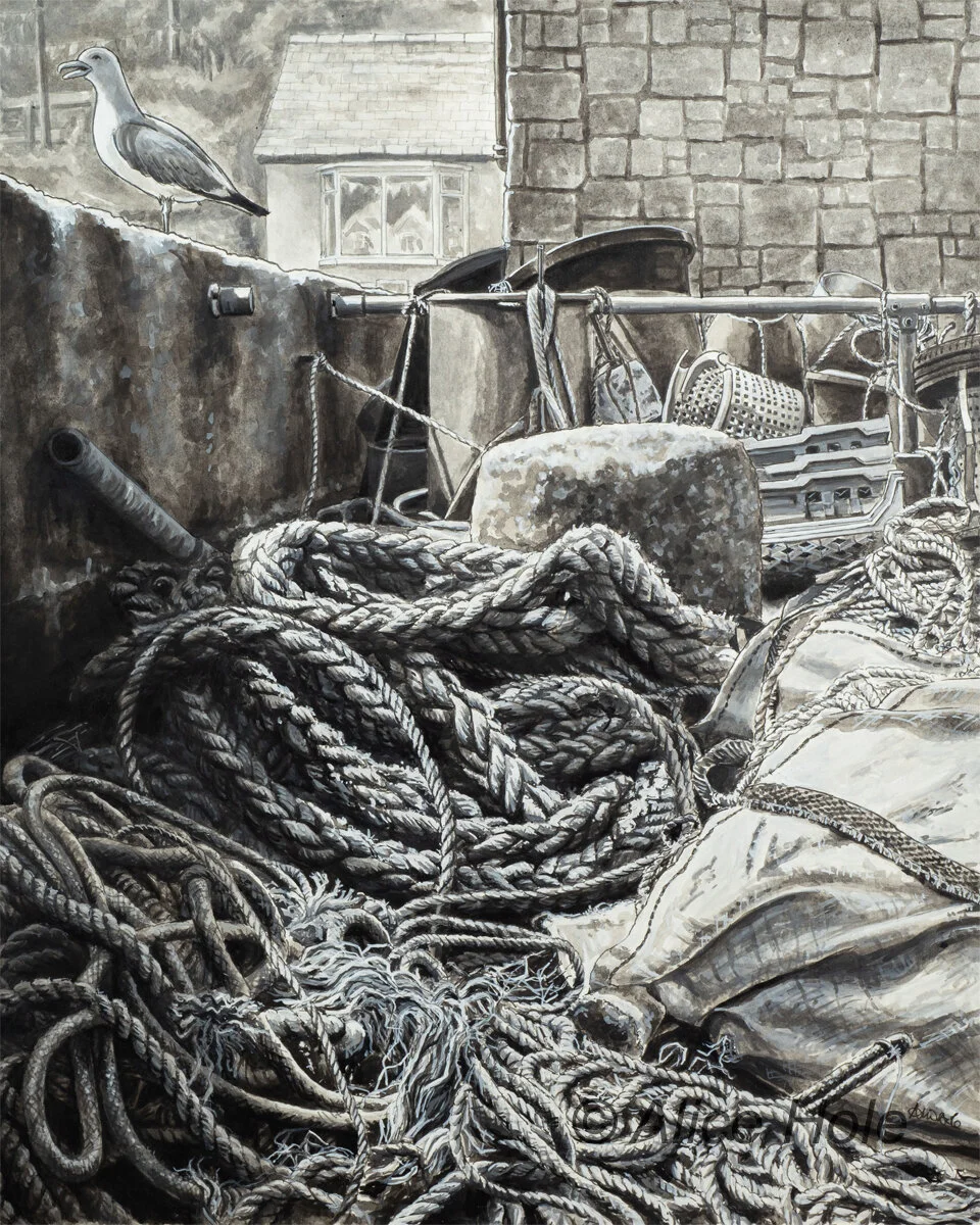 I loved drawing all the different textures in this scene, with all the intertwining ropes in all the different types and thicknesses. I also enjoyed the way the light fell on the fishing equipment, casting areas into deep shadows or dazzling sunlight. This image represents a still bustling fishing community in Cornwall, continuing to thrive in spite of the odds...