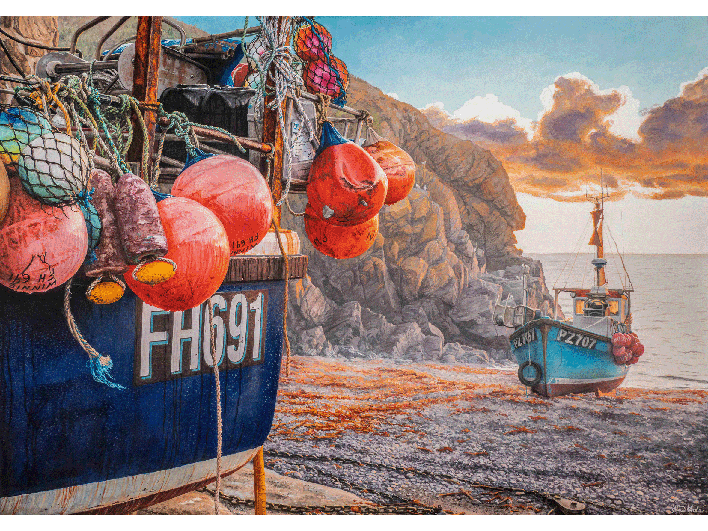 A boat with colorful buoys and ropes moored on a rocky beach during sunrise, with cliffs in the background and a partly cloudy sky.