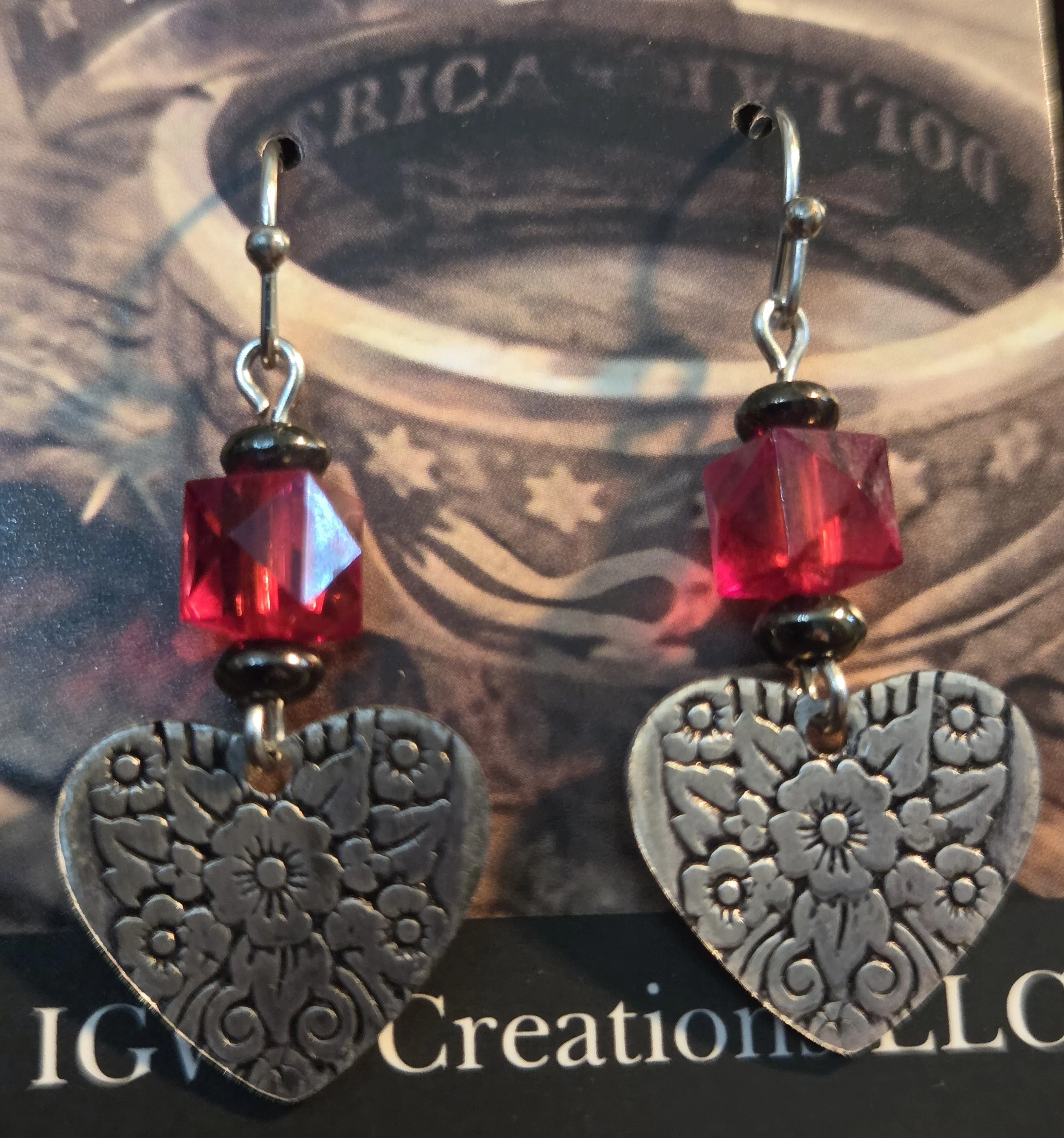 Vintage Silverware Heart Earrings with Ruby Accent