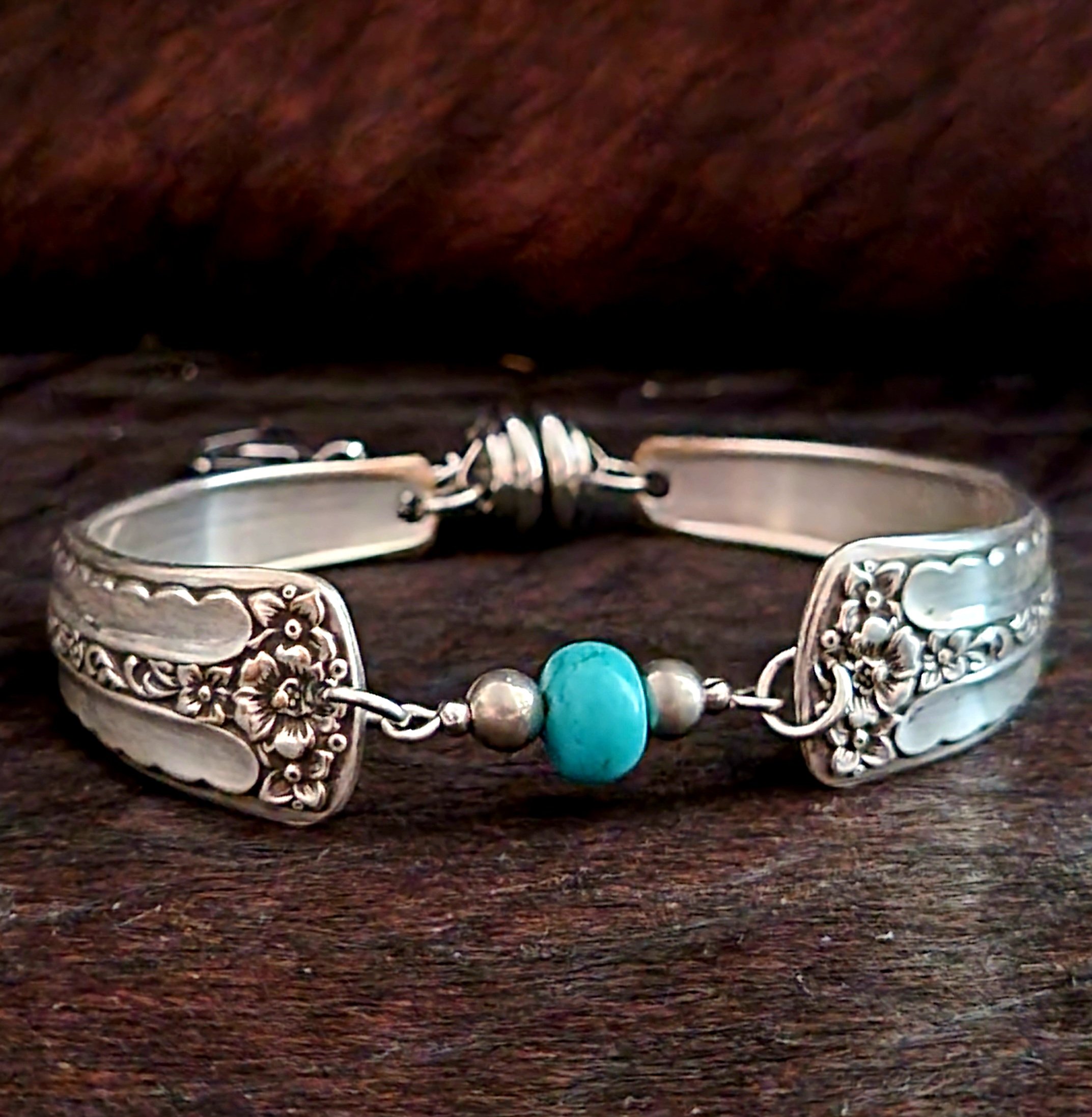 Spring Bouquet silverware pattern bracelet turquoise bead vintage upcycled